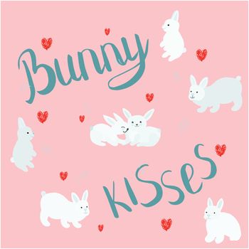 Bunny kisses handwritten lettering with red hearts and easter bunnies. T-shirt, poster vector design. Vector illustration.