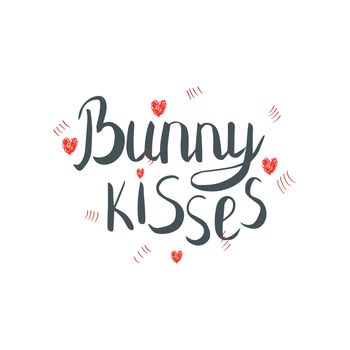 Bunny kisses with red hearts handwritten lettering. Flat style illustration on white background.. T-shirt, poster vector design. Vector illustration.