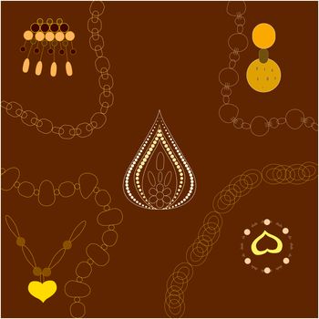 Gold jewellery illustration hand drawn. Yellow chain, pendants on brown background. Poster, banner vector design, greeting cards, jewellery store advertisements. Vector illustration.