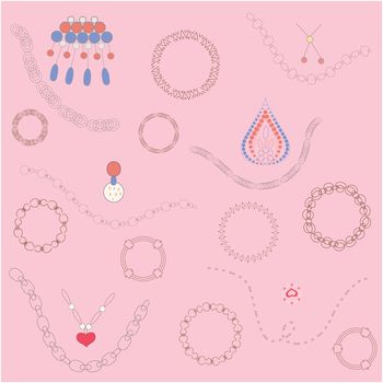 Colourful jewellery on pink background. Hand drawn illustration. T-shirt, poster, banner vector design, greeting cards, jewellery store advertisements. Vector illustration.