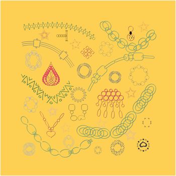 Colourful chains on bright mustard yellow background illustration. T-shirt, poster, banner vector design, greeting cards, jewellery store advertisements.