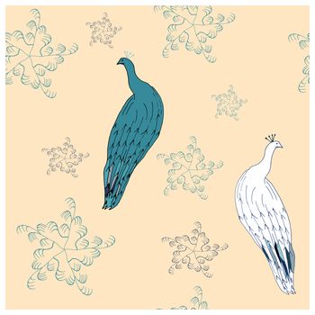 Peacock with beautiful ornament hand drawn seamless vector pattern. Sketch textile, wrapping paper, background, wallpaper, pattern fills, web page background.