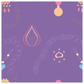 Gold jewellery flat hand drawn seamless pattern. Purple background. Accessories sketch clipart. Jewels textile, background, web, wrapping paper.