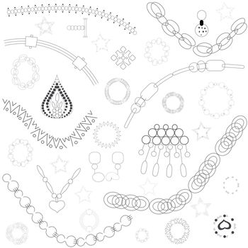 Black chains and pendants on white background vector illustration. T-shirt, poster, banner vector design, greeting cards, jewellery store advertisements.