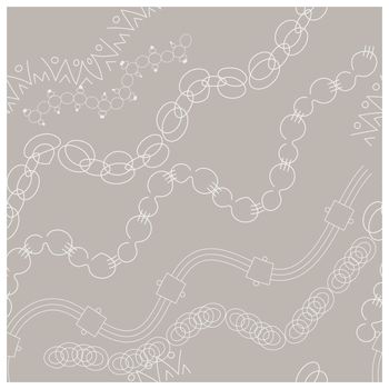 White chain and bracelets seamless pattern. Grey background. Accessories sketch clipart. Jewels texture, background, web, wrapping paper.