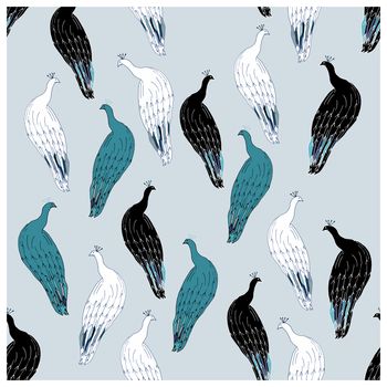 Peacock repeated cute hand drawn seamless vector pattern. Sketch textile, wrapping paper, background, wallpaper, pattern fills, web page background.