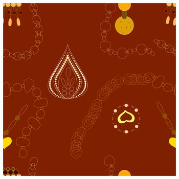 Gold metal jewellery accessories seamless pattern. Brown background. Jewels textile, background, web, wrapping paper.