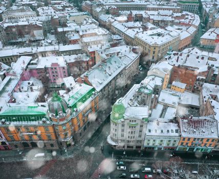 Aerial view of the historical center of Lviv, Ukraine in winter, UNESCO's cultural heritage.