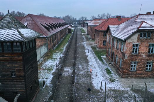 Aerial view of Auschwitz Birkenau, a concentration camp in Poland during World War II