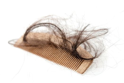 Hairloss problem. Comb with lost hair on it, isolated on white background.