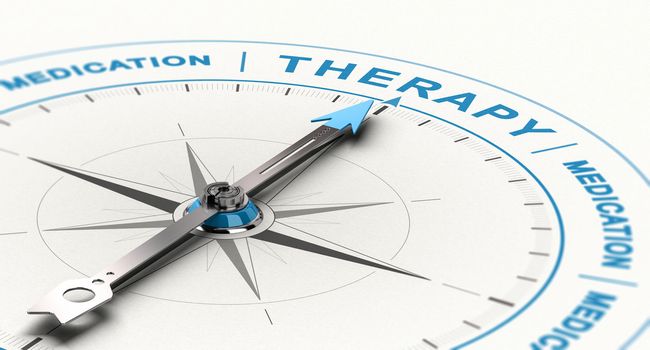 3D illustration of conceptual compass with needle pointing the word therapy instead of medication. Concept of complementary treatment for depression. 