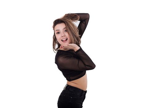 Creative girl showing tongue out isolated on white background