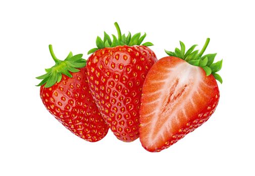 Flying strawberry fruit, three strawberries isolated on white background with clipping path