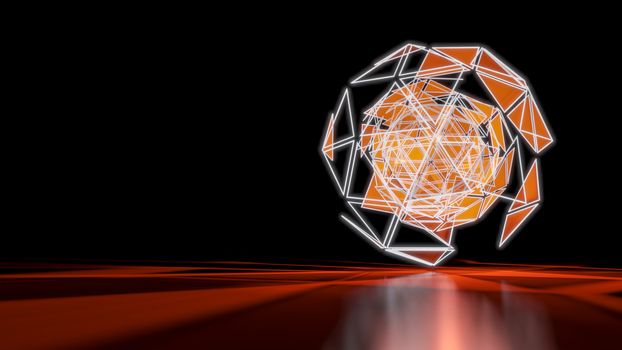 Polygonal Orange Abstract Triangle Glow Sphere on Dark Space Background. 3D illustration