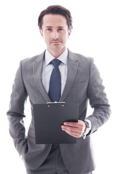 Portrait of young business man with folder isolated on white