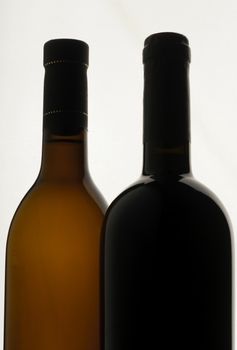 two bottles of wine, white background, red wine and white wine