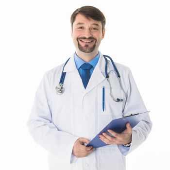 Happy smiling male doctor standing with folder, isolated on white background