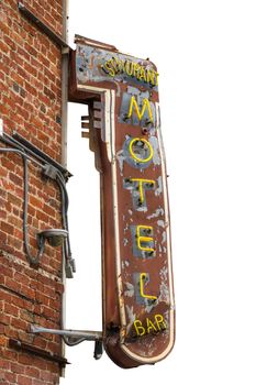 Isolated Grungy Retro Metal Motel, Restaurant And Bar Sign With Brick Wall And White Background