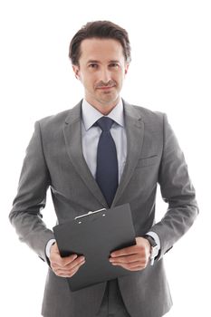 Portrait of young business man holding folder with documents isolated on white