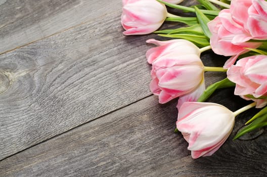 Bouquet of pink tulips on the background of old wooden boards with a place for the inscription, toned.