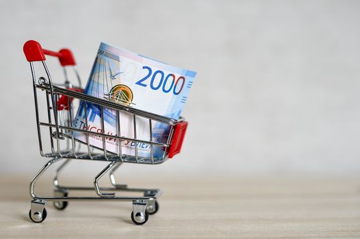 Russian money banknotes in a shopping trolley, online shopping concept