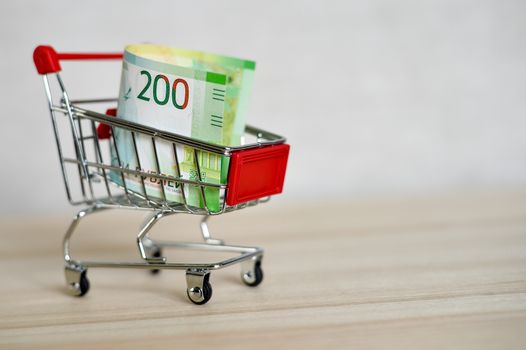 Russian money banknotes in a shopping trolley, online shopping concept