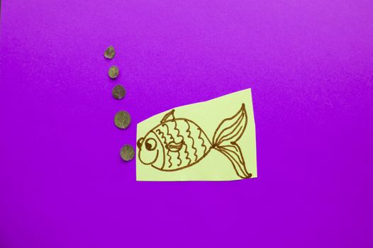 Funny fish with bubbles on purple background, fool's Day.