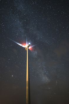 windmills, wind turbines. Power and energy, night photography