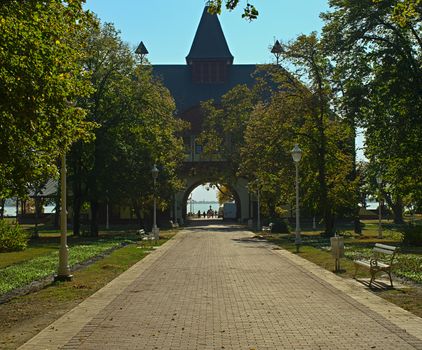 Pathway with entrance building to a Palic Lake, Serbia