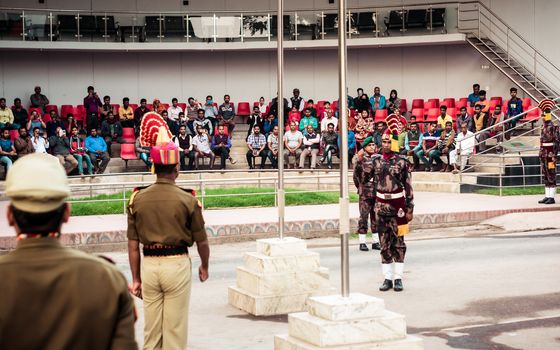 Petrapole-Benapole, Bangaon, 5th Jan, 2019: Joint Retreat of lowering of national flags Ceremony, a military show as Wagah Border with soldiers of Border Guard Security Force of India and Bangladesh.