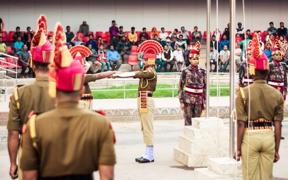 Petrapole-Benapole, Bangaon, West Bengal, 5th Jan, 2019: Joint Retreat Ceremony, military parade show same as Wagah Border between soldiers of Security Force India BSF and Border Guards Bangladesh BBG