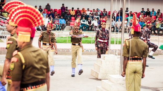 Petrapole-Benapole, Bangaon, West Bengal, 5th Jan, 2019: Joint Retreat Ceremony, military parade show same as Wagah Border between soldiers of Security Force India BSF and Border Guards Bangladesh BBG