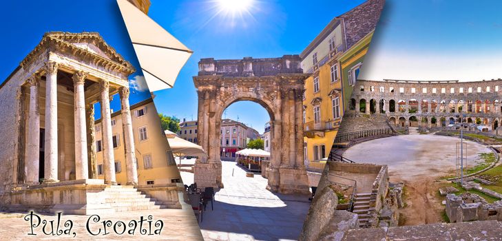 Town of Pula historic Roman landmarks panoramic collage tourist postcard with label view, Istria region of Croatia