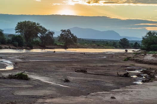 Sunset on Ewaso Ngiro River in Samburu Park in Central Kenya