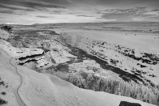 Panoramic image of the frozen waterfall Gullfoss, Iceland, Europe