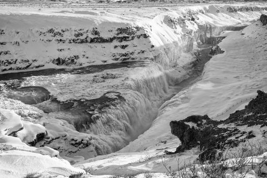 Panoramic image of the frozen waterfall Gullfoss, Iceland, Europe