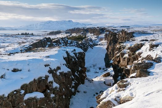 Panoramic image of the beautiful landscape of the Thingvellir National Park during winter, Iceland, Europe