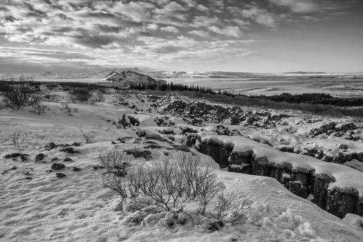 Panoramic image of the beautiful landscape of the Thingvellir National Park during winter, Iceland, Europe