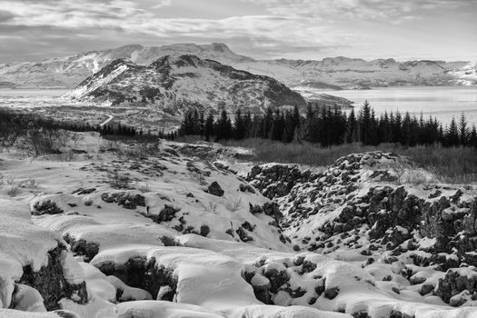 Panoramic image of the beautiful landscape of the Thingvellir National Park during winter, Iceland, Europe