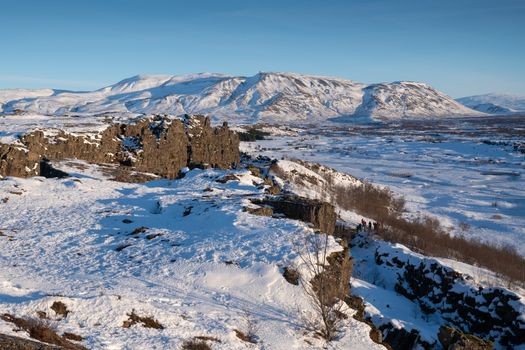 Panoramic image of the beautiful landscape of the Thingvellir National Park during winter, Iceland, Europe