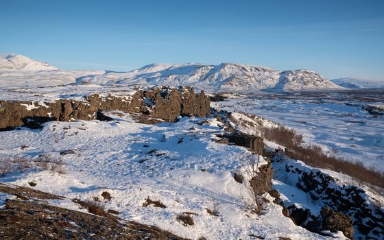 Panoramic image of the beautiful landscape of the Thingvellir National Park during winter, Iceland, Europe