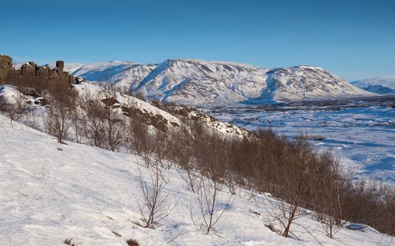 Panoramic image of the beautiful landscape of the Thingvellir National Park during winter, Iceland, Europe