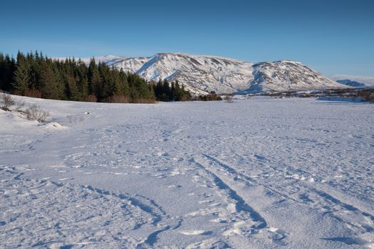 Panoramic image of the beautiful landscape of the Thingvellir National Park during winter, Iceland, Europe