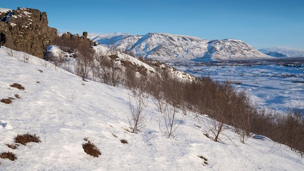 Panoramic image of the beautiful landscape of the Thingvellir National Park during winter, Iceland, Europe
