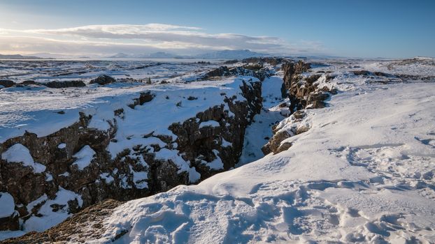 Panoramic image of the beautiful landscape of the Thingvellir National Park during winter, Iceland, Europe