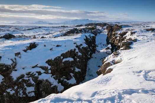 Panoramic image of the beautiful landscape of the Thingvellir National Park during winter, Iceland, Europe