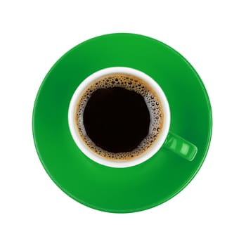 Full cup of black Americano or instant coffee on green saucer isolated on white background, close up, elevated top view