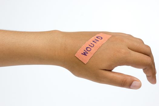 Medical plaster on the wound in women hand on white background.