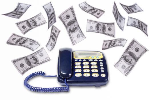 Business and finance. Many dollar falling over the landlines on white background.