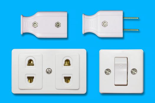 Many AC power appliances for home use on blue background.